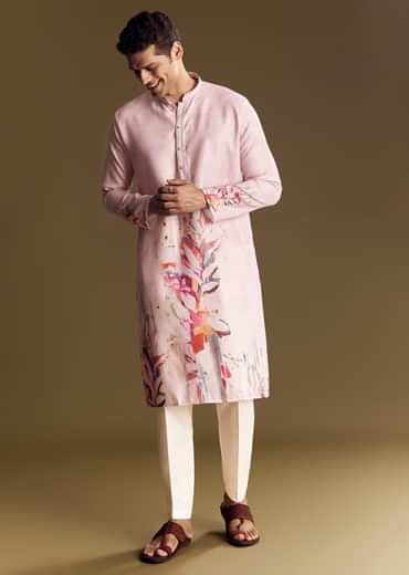 Purple Printed Linen Kurta Set With Mandarin Collar
