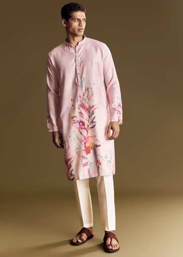 Purple Printed Linen Kurta Set With Mandarin Collar