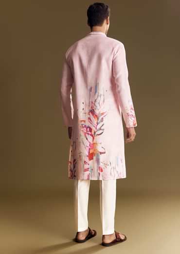 Purple Printed Linen Kurta Set With Mandarin Collar