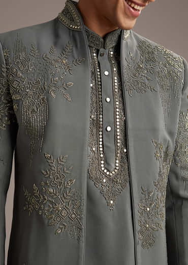 Purple Rayon Indo Western Set For Men With Heavy Hand Embroidery