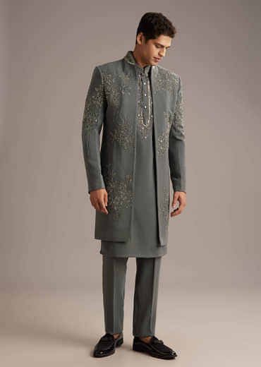 Purple Rayon Indo Western Set For Men With Heavy Hand Embroidery