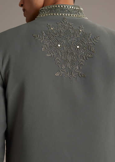 Purple Rayon Indo Western Set For Men With Heavy Hand Embroidery