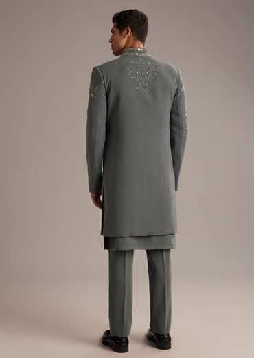 Purple Rayon Indo Western Set For Men With Heavy Hand Embroidery