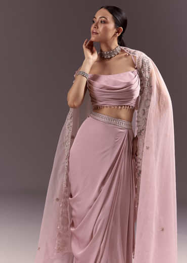 Purple Satin Indowestern Skirt With Fancy Net Blouse And Cape