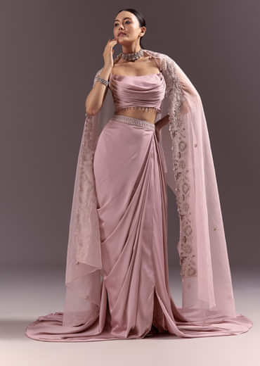 Purple Satin Indowestern Skirt With Fancy Net Blouse And Cape