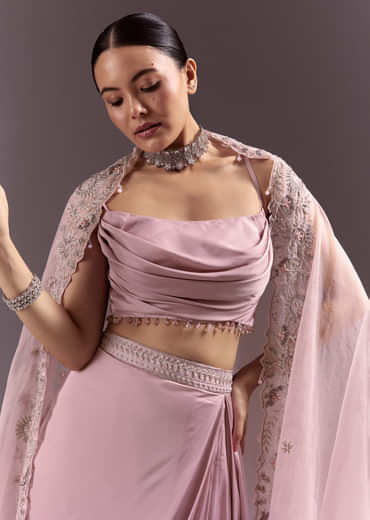 Purple Satin Indowestern Skirt With Fancy Net Blouse And Cape