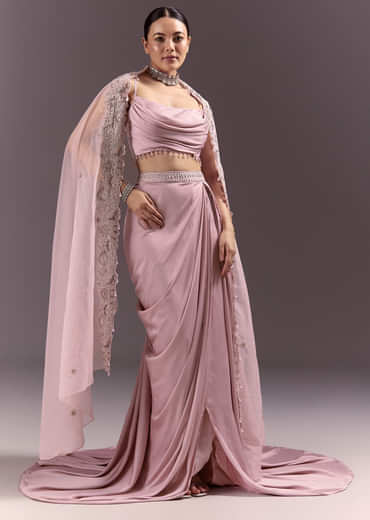 Purple Satin Indowestern Skirt With Fancy Net Blouse And Cape