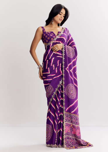 Purple Satin Saree With Gota And Mirror Embroidery