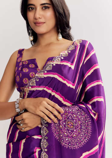 Purple Satin Saree With Gota And Mirror Embroidery