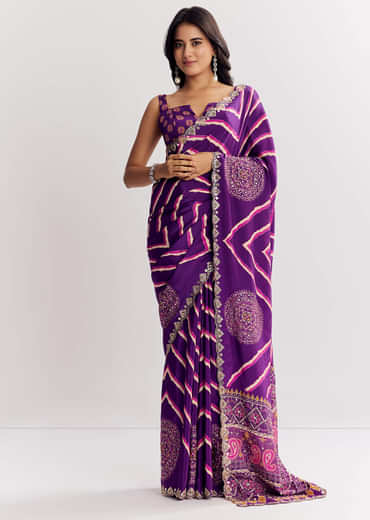 Purple Satin Saree With Gota And Mirror Embroidery