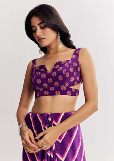 Purple Satin Saree With Gota And Mirror Embroidery