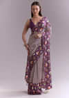 Purple Satin Saree With Ikat Print And Nature Motifs
