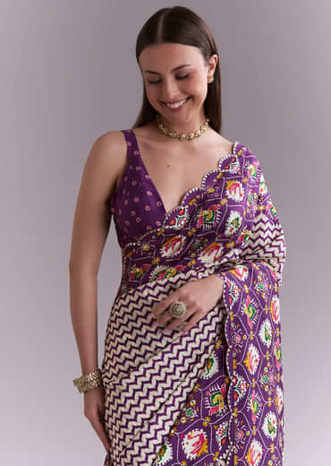 Purple Satin Saree With Ikat Print And Nature Motifs