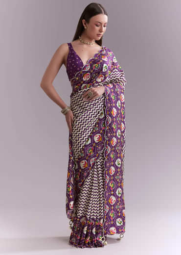 Purple Satin Saree With Ikat Print And Nature Motifs