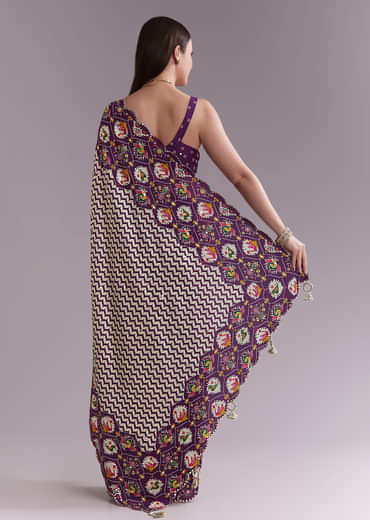 Purple Satin Saree With Ikat Print And Nature Motifs