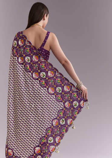 Purple Satin Saree With Ikat Print And Nature Motifs