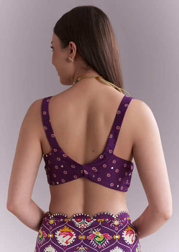 Purple Satin Saree With Ikat Print And Nature Motifs