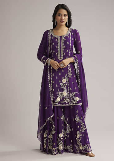 Purple Sequin Embroidered Palazzo Set With Dupatta