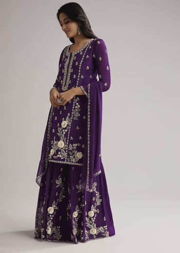 Purple Sequin Embroidered Palazzo Set With Dupatta