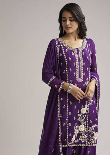 Purple Sequin Embroidered Palazzo Set With Dupatta