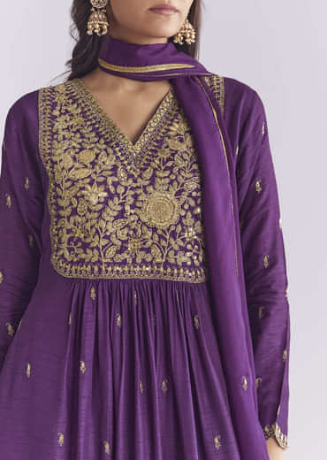 Purple Silk Anarkali Suit With Zari Thread Work