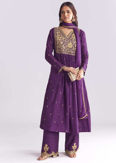 Purple Silk Anarkali Suit With Zari Thread Work