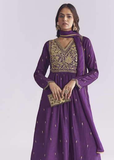 Purple Silk Anarkali Suit With Zari Thread Work