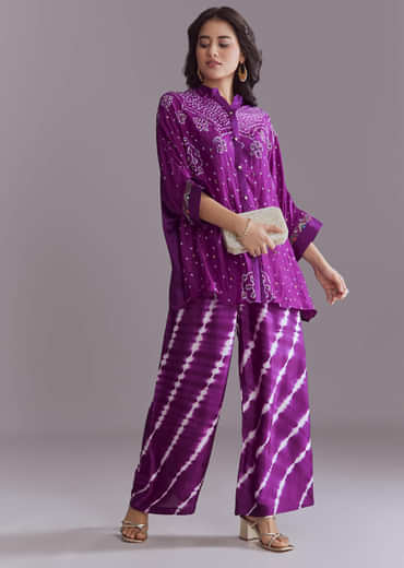 Purple Silk Co-Ord Set With Authentic Bandhani And Leheriya Print