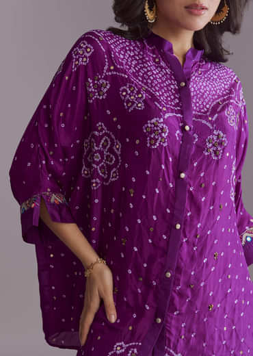 Purple Silk Co-Ord Set With Authentic Bandhani And Leheriya Print