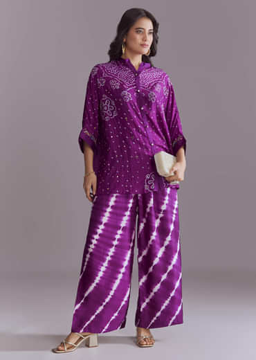 Purple Silk Co-Ord Set With Authentic Bandhani And Leheriya Print