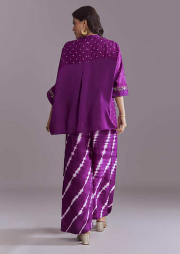 Purple Silk Co-Ord Set With Authentic Bandhani And Leheriya Print
