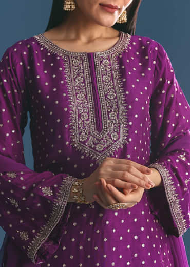 Purple Silk Embroidered Kurta Set With Dupatta