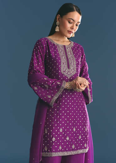 Purple Silk Embroidered Kurta Set With Dupatta