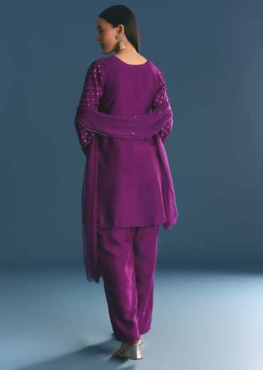 Purple Silk Embroidered Kurta Set With Dupatta