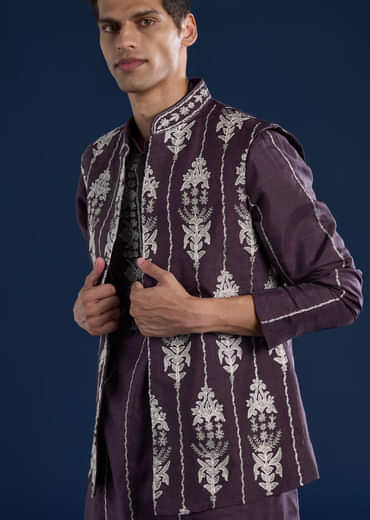 Purple Silk Jacket Kurta Set with Dori Work