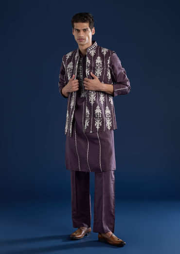 Purple Silk Jacket Kurta Set with Dori Work