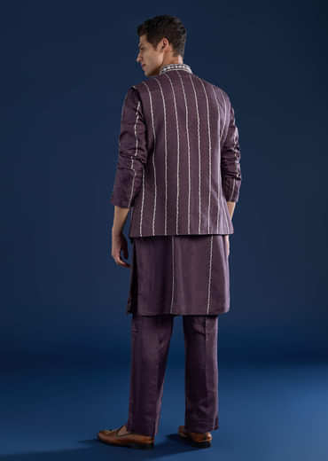 Purple Silk Jacket Kurta Set with Dori Work