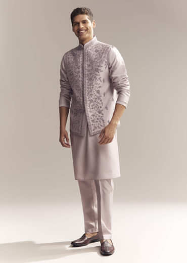 Purple Silk Kurta Jacket Set For Men With Heavy Embroidery