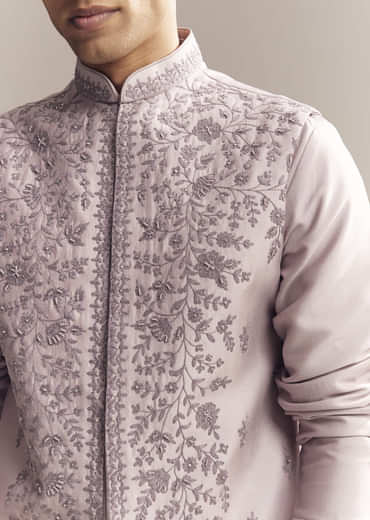 Purple Silk Kurta Jacket Set For Men With Heavy Embroidery