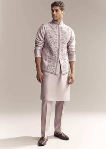 Purple Silk Kurta Jacket Set For Men With Heavy Embroidery