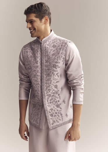 Purple Silk Kurta Jacket Set For Men With Heavy Embroidery