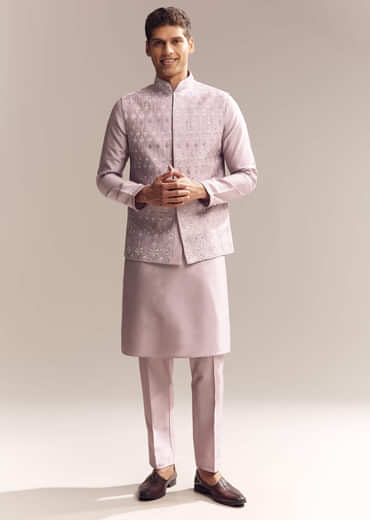 Purple Silk Kurta Jacket Set For Men With Mirror Embroidery