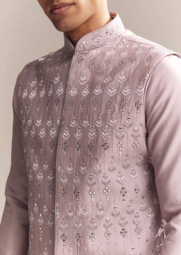 Purple Silk Kurta Jacket Set For Men With Mirror Embroidery