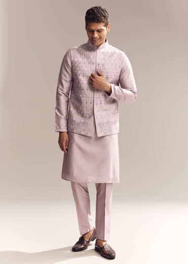 Purple Silk Kurta Jacket Set For Men With Mirror Embroidery