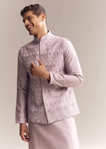 Purple Silk Kurta Jacket Set For Men With Mirror Embroidery
