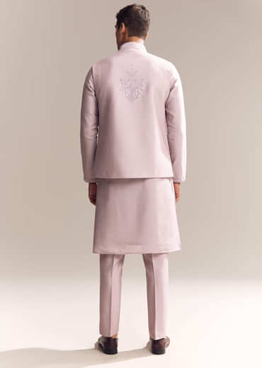 Purple Silk Kurta Jacket Set For Men With Mirror Embroidery