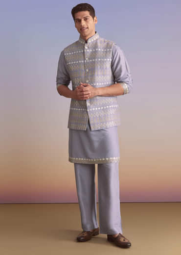 Purple Silk Kurta Jacket Set For Men With Mirror Zari And Resham Work