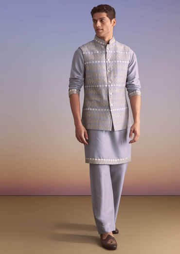 Purple Silk Kurta Jacket Set For Men With Mirror Zari And Resham Work