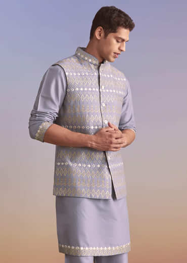 Purple Silk Kurta Jacket Set For Men With Mirror Zari And Resham Work