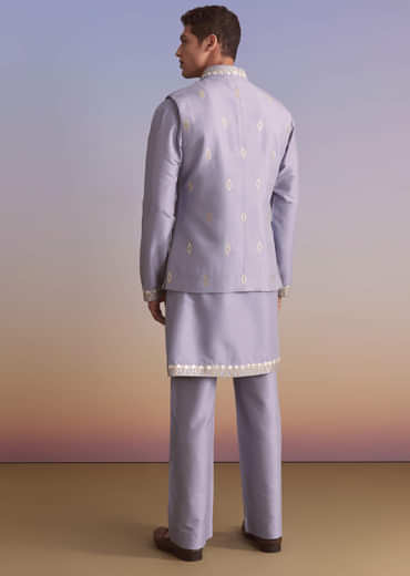 Purple Silk Kurta Jacket Set For Men With Mirror Zari And Resham Work